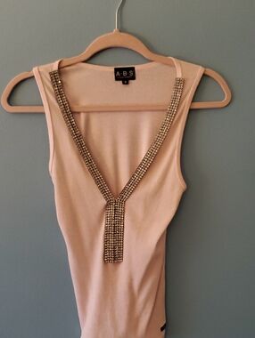 ABS Allen Schwartz Cream Tank with Gold Rhinestone V-Neck
